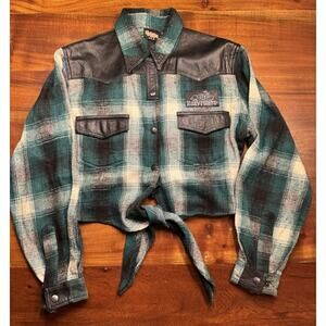 Vintage Easyriders Women’s Green Plaid Flannel Leather Trim Crop Shirt Sz L